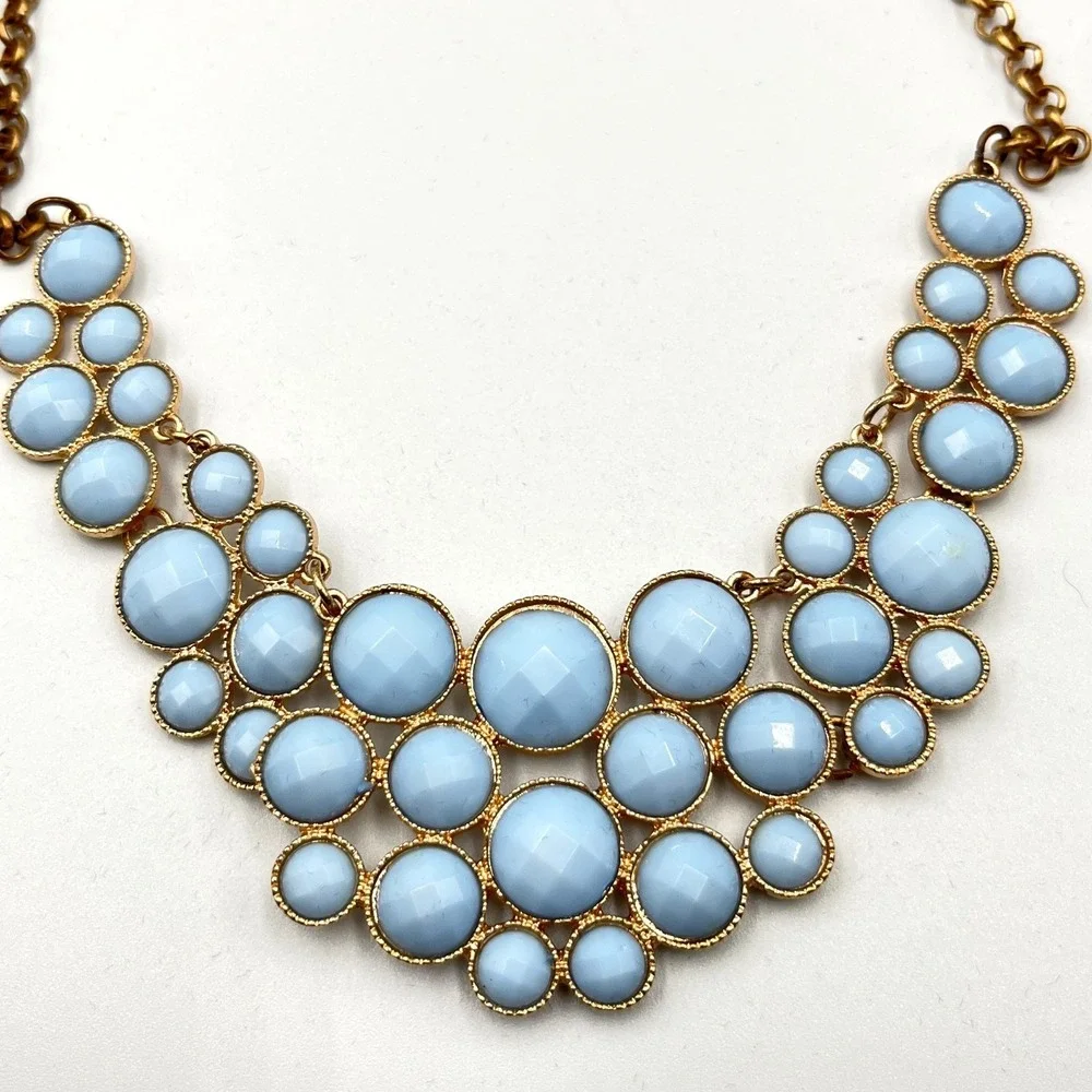 Vintage Retro Sky Blue Cabochon Bib Statement Necklace Gold Tone Geo Bubbles - Picture 5 of 13
